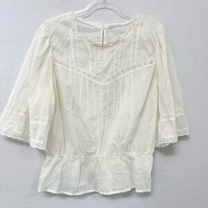 Reformation Prairie Lace Cotton Flare 3/4 Sleeve Peplum Blouse Ivory Size XL